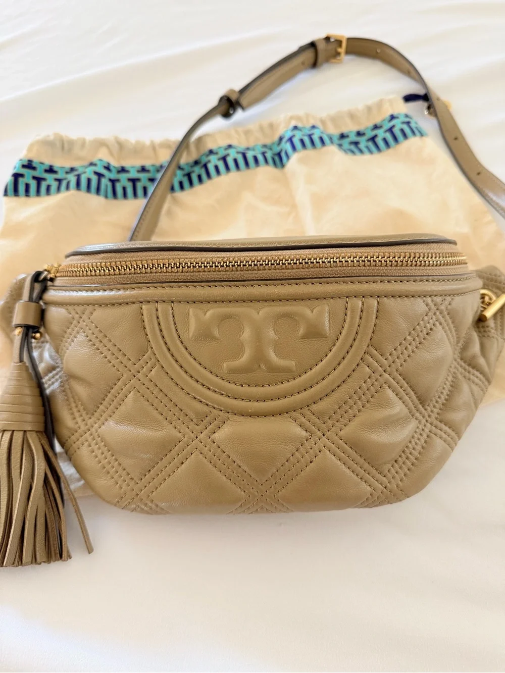 Tory Burch Quilted Fleming Tan Belt Bag with Tassel